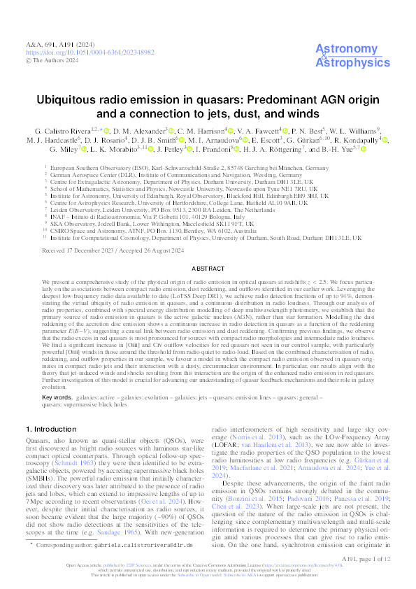 Ubiquitous radio emission in quasars: Predominant AGN origin and a connection to jets, dust, and winds Thumbnail