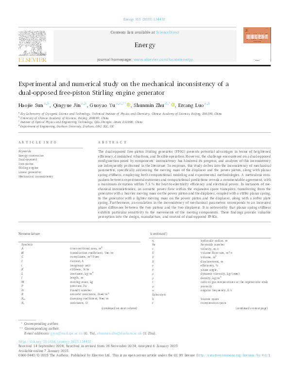 Experimental and numerical study on the mechanical inconsistency of a dual-opposed free-piston Stirling engine generator Thumbnail