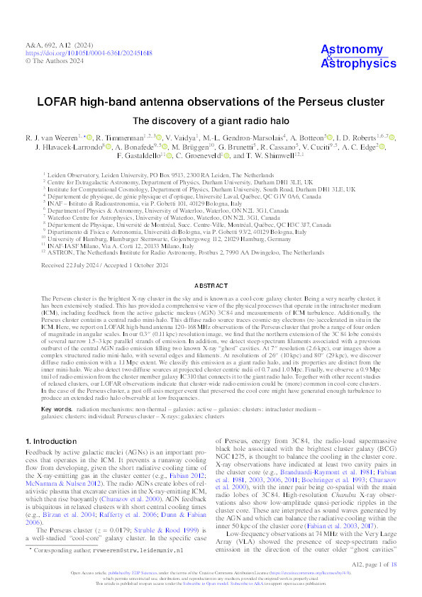 LOFAR high-band antenna observations of the Perseus cluster: The discovery of a giant radio halo Thumbnail