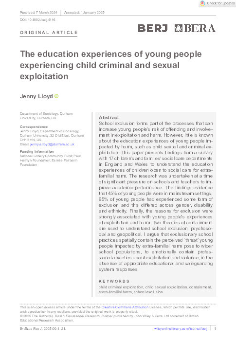 The education experiences of young people experiencing child criminal and sexual exploitation Thumbnail