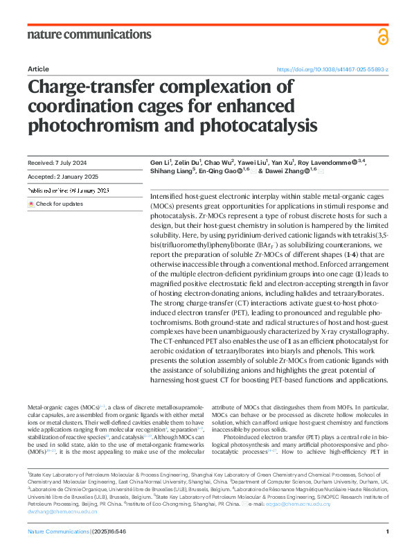 Charge-transfer complexation of coordination cages for enhanced photochromism and photocatalysis Thumbnail