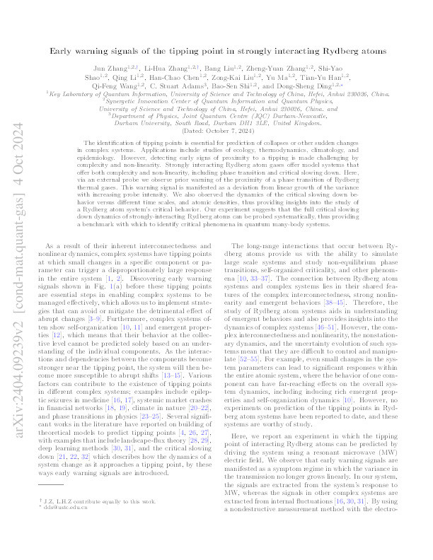 Early Warning Signals of the Tipping Point in Strongly Interacting Rydberg Atoms. Thumbnail