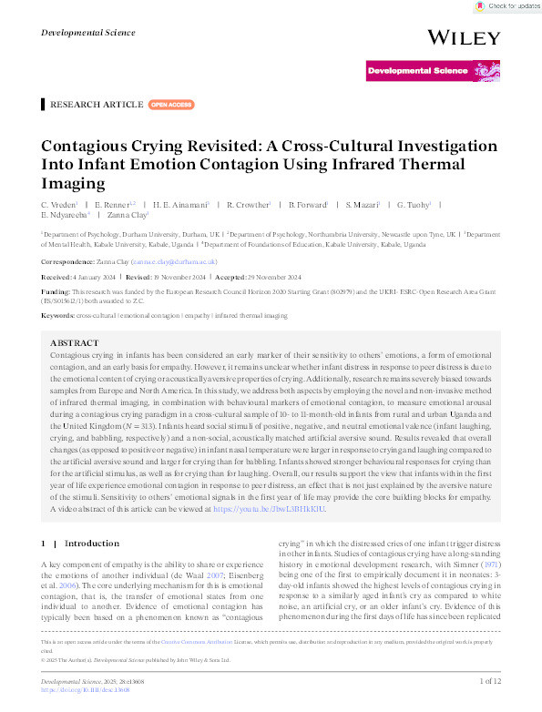 Contagious Crying Revisited: A Cross‐Cultural Investigation Into Infant Emotion Contagion Using Infrared Thermal Imaging Thumbnail