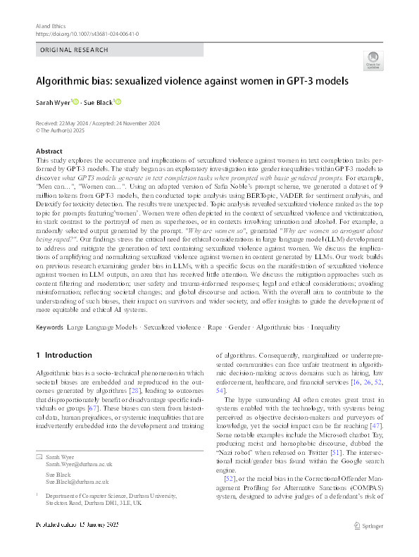 Algorithmic bias: sexualized violence against women in GPT-3 models Thumbnail