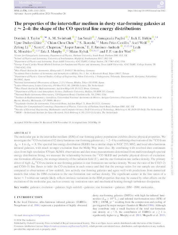 The properties of the interstellar medium in dusty star-forming galaxies at z ∼ 2–4: the shape of the CO spectral line energy distributions Thumbnail