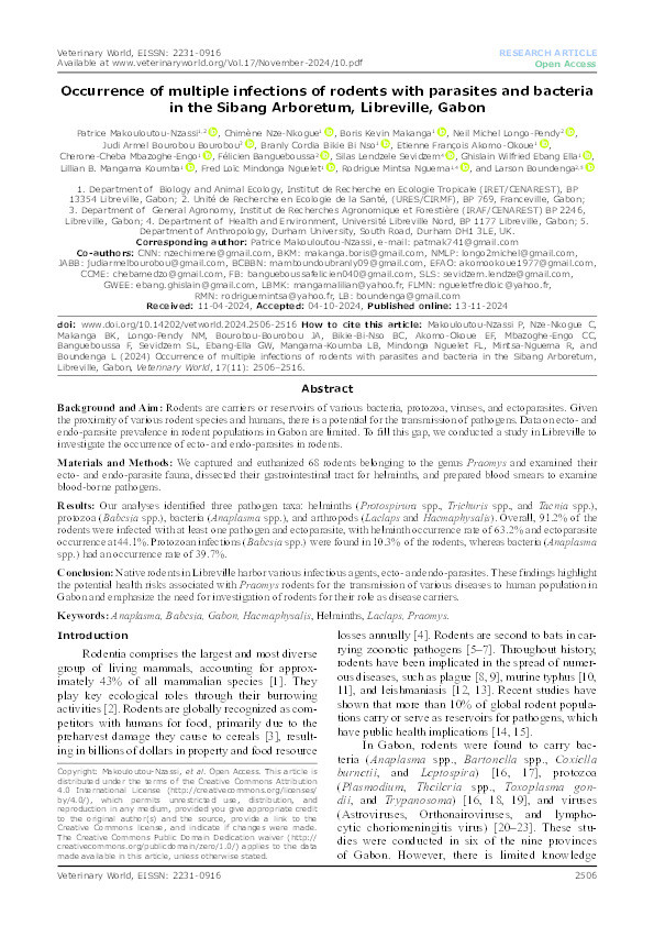 Occurrence of multiple infections of rodents with parasites and bacteria in the Sibang Arboretum, Libreville, Gabon Thumbnail