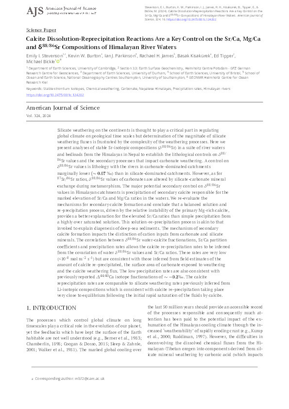 Calcite Dissolution-Reprecipitation Reactions Are a Key Control on the Sr/Ca, Mg/Ca and δ88/86Sr Compositions of Himalayan River Waters Thumbnail