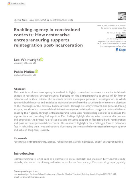   Enabling agency in constrained contexts: How restorative entrepreneuring supports reintegration post-incarceration Thumbnail