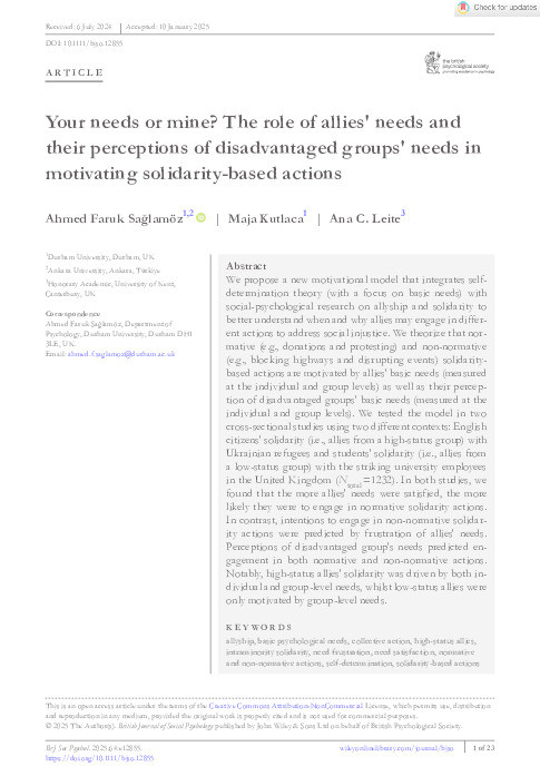 Your needs or mine? The role of allies' needs and their perceptions of disadvantaged groups' needs in motivating solidarity‐based actions Thumbnail