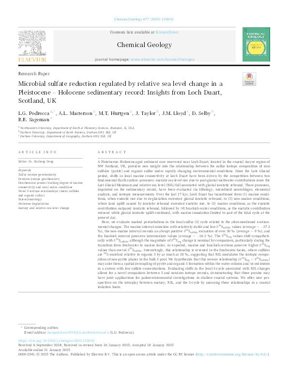 Microbial sulfate reduction regulated by relative sea level change in a Pleistocene – Holocene sedimentary record: Insights from Loch Duart, Scotland, UK Thumbnail