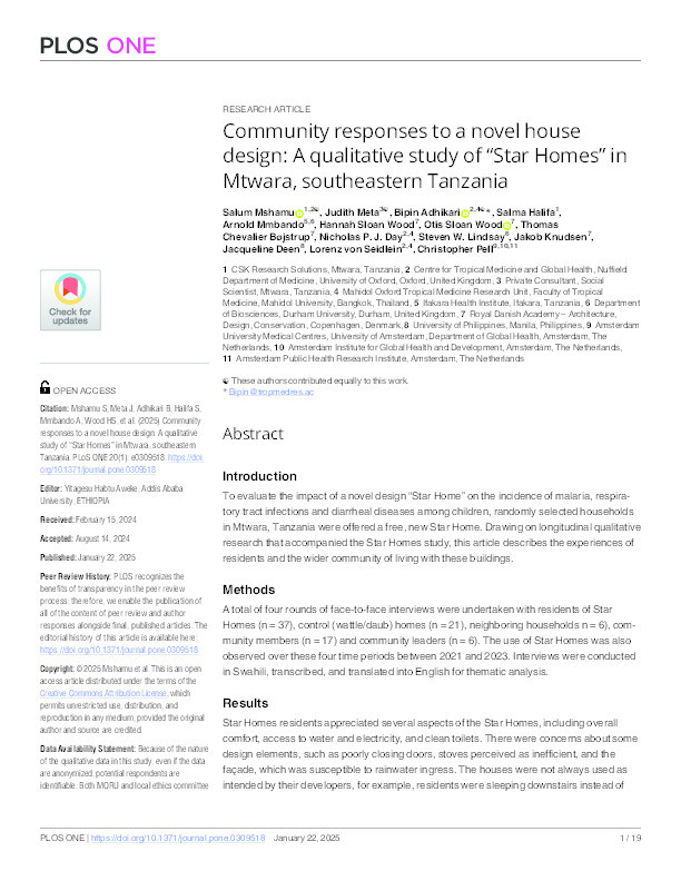 Community responses to a novel house design: A qualitative study of “Star Homes” in Mtwara, southeastern Tanzania Thumbnail