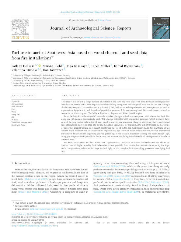 Fuel use in ancient Southwest Asia based on wood charcoal and seed data from fire installations Thumbnail