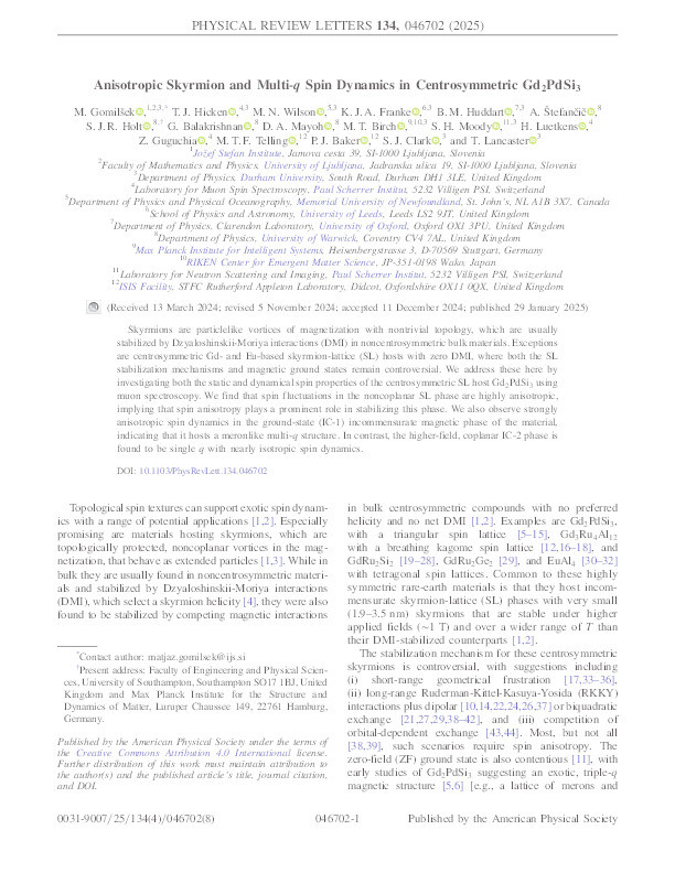 Anisotropic Skyrmion and Multi-q Spin Dynamics in Centrosymmetric Gd2PdSi3 Thumbnail