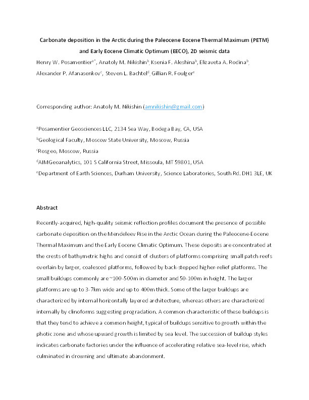 Carbonate deposition in the Arctic during the Paleocene Eocene Thermal Maximum (PETM) and Early Eocene Climatic Optimum (EECO) Thumbnail