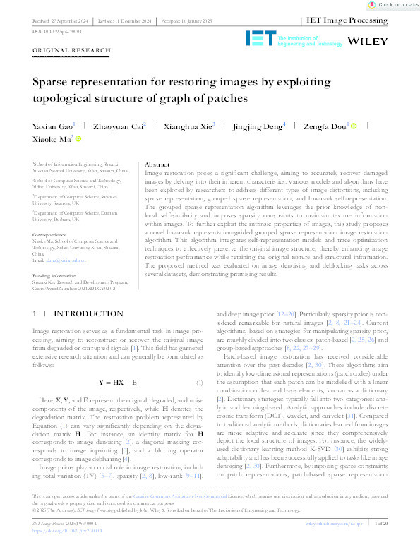 Sparse representation for restoring images by exploiting topological structure of graph of patches Thumbnail