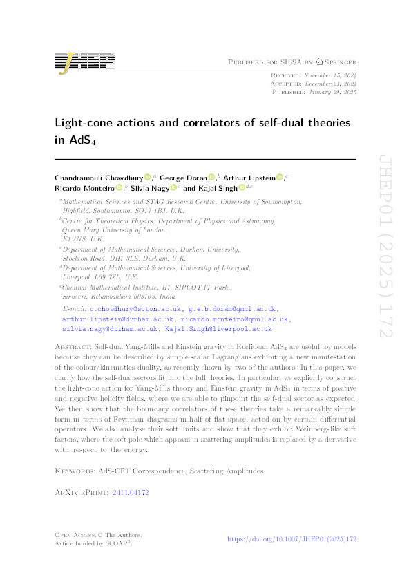 Light-cone actions and correlators of self-dual theories in AdS 4 Thumbnail