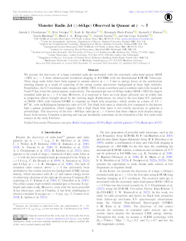 Monster Radio Jet (>66 kpc) Observed in Quasar at z ∼​​​​​ 5 Thumbnail