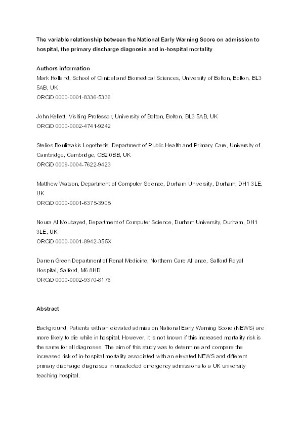 The variable relationship between the National Early Warning Score on admission to hospital, the primary discharge diagnosis and in-hospital mortality Authors information Thumbnail