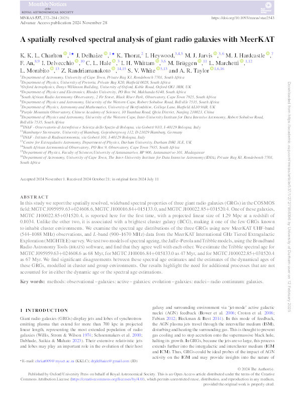 A spatially resolved spectral analysis of giant radio galaxies with MeerKAT Thumbnail