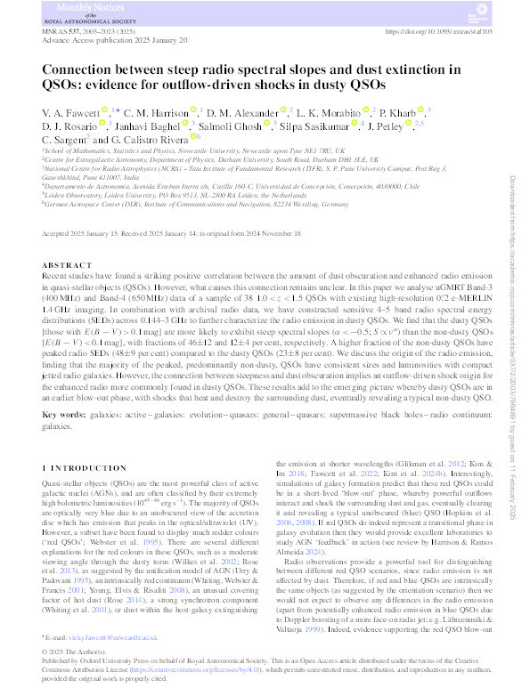 Connection between steep radio spectral slopes and dust extinction in QSOs: evidence for outflow-driven shocks in dusty QSOs Thumbnail