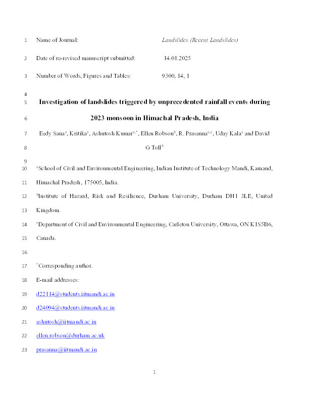 Investigation of landslides triggered by unprecedented rainfall events during 2023 monsoon in Himachal Pradesh, India Thumbnail