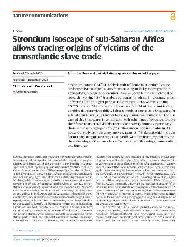 Strontium isoscape of sub-Saharan Africa allows tracing origins of victims of the transatlantic slave trade Thumbnail