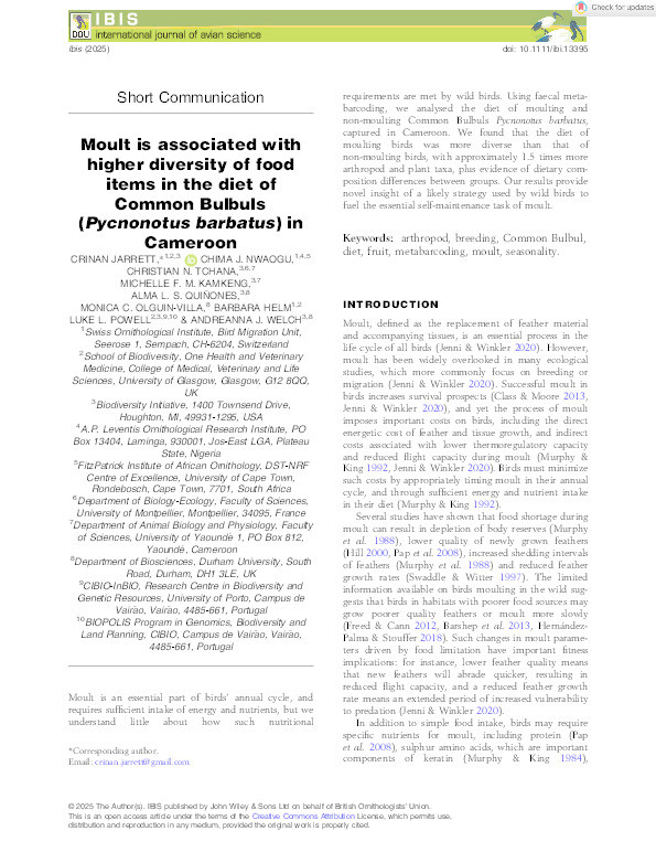 Moult is associated with higher diversity of food items in the diet of Common Bulbuls ( Pycnonotus barbatus ) in Cameroon Thumbnail