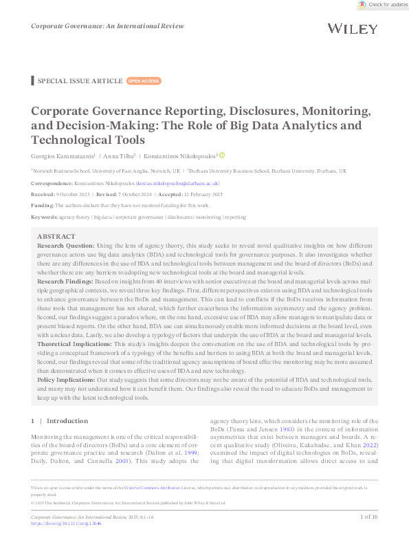 Corporate Governance Reporting, Disclosures, Monitoring, and Decision‐Making: The Role of Big Data Analytics and Technological Tools Thumbnail