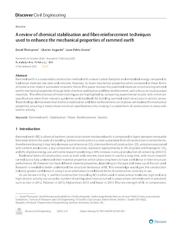 A review of chemical stabilisation and fibre reinforcement techniques used to enhance the mechanical properties of rammed earth Thumbnail