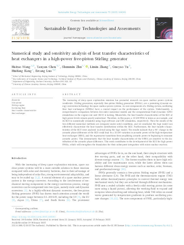 Numerical study and sensitivity analysis of heat transfer characteristics of heat exchangers in a high-power free-piston Stirling generator Thumbnail