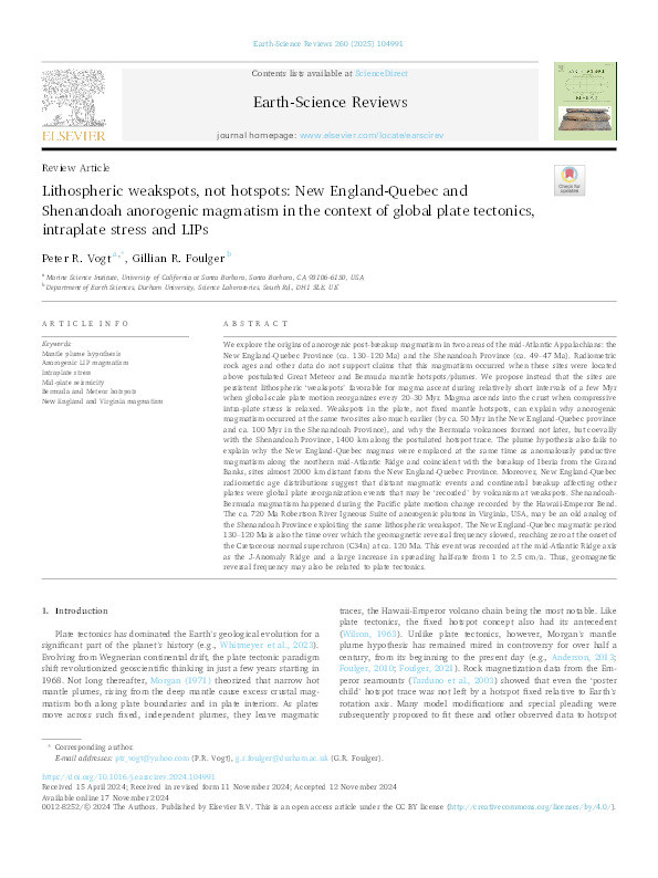 Lithospheric weakspots, not hotspots: New England-Quebec and Shenandoah anorogenic magmatism in the context of global plate tectonics, intraplate stress and LIPs Thumbnail