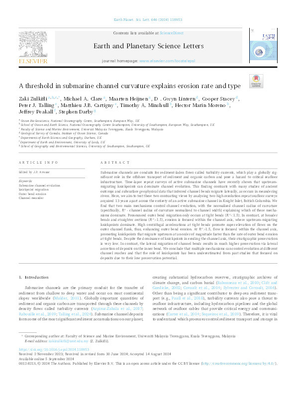 A threshold in submarine channel curvature explains erosion rate and type Thumbnail