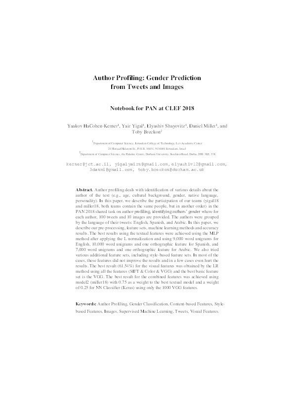 Author profiling: Gender prediction from Tweets and images: Notebook for PAN at CLEF 2018 Thumbnail