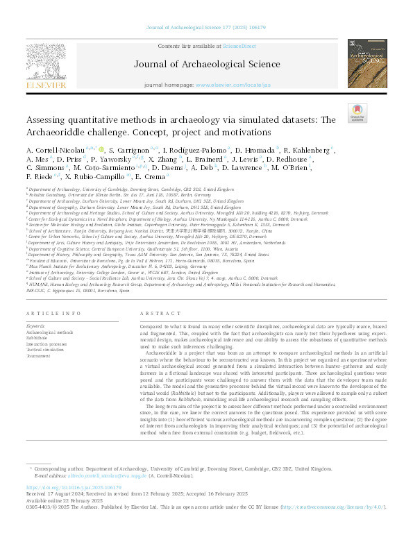 Assessing quantitative methods in archaeology via simulated datasets: The Archaeoriddle challenge. Concept, project and motivations Thumbnail