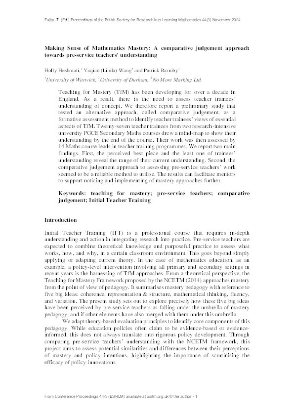 Making Sense of Mathematics Mastery: A comparative judgement approach towards pre-service teachers' understanding Thumbnail