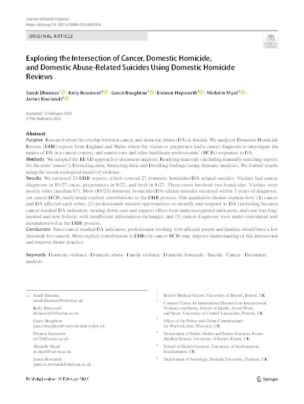 Exploring the Intersection of Cancer, Domestic Homicide, and Domestic Abuse-Related Suicides Using Domestic Homicide Reviews Thumbnail