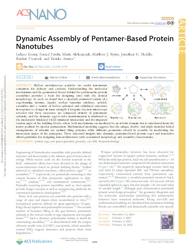 Dynamic Assembly of Pentamer-Based Protein Nanotubes Thumbnail