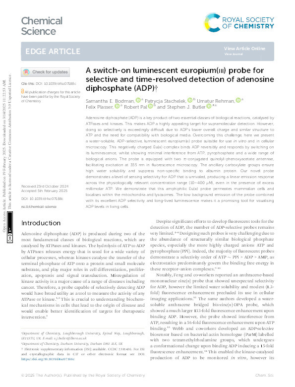 A switch-on luminescent europium(III) probe for selective and time-resolved detection of adenosine diphosphate (ADP) Thumbnail