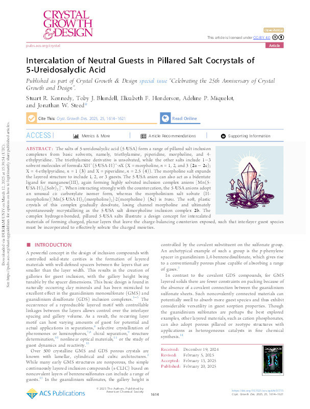 Intercalation of Neutral Guests in Pillared Salt Cocrystals of 5-Ureidosalyclic Acid Thumbnail