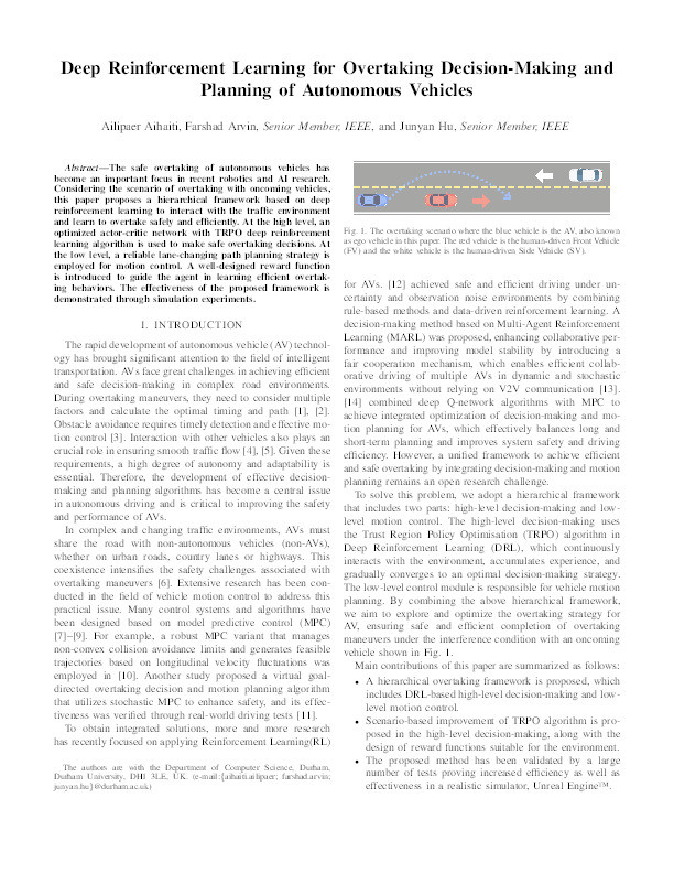 Deep Reinforcement Learning for Overtaking Decision-Making and Planning of Autonomous Vehicles Thumbnail