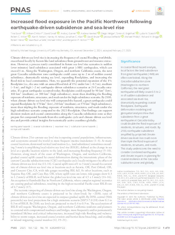 Increased flood exposure in the Pacific Northwest following earthquake-driven subsidence and sea-level rise Thumbnail
