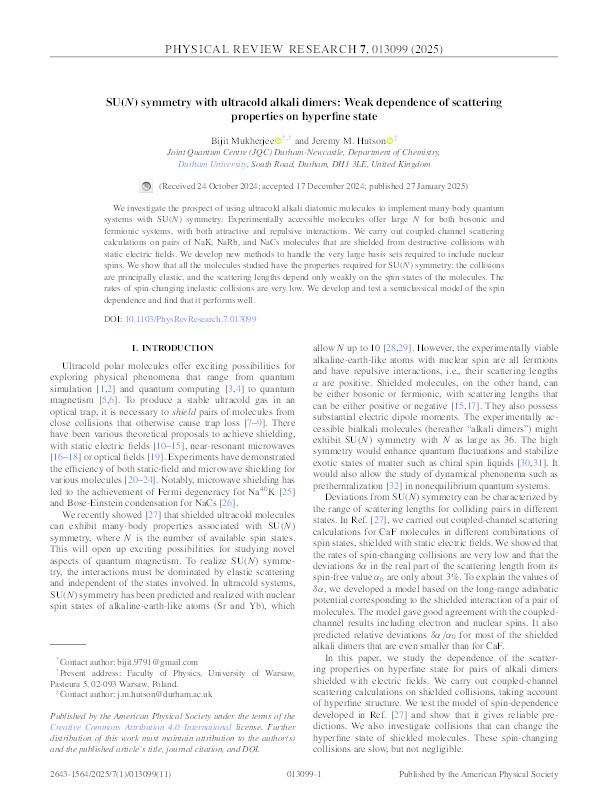 SU(N) symmetry with ultracold alkali dimers: Weak dependence of scattering properties on hyperfine state Thumbnail