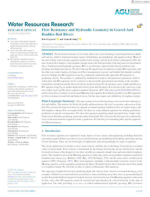 Flow Resistance and Hydraulic Geometry in Gravel‐And Boulder‐Bed Rivers Thumbnail