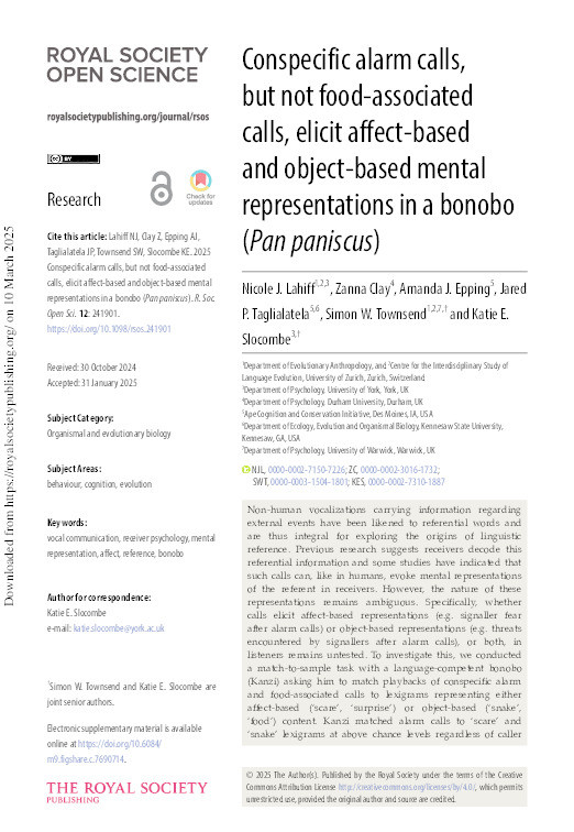 Conspecific alarm calls, but not food-associated calls, elicit affect-based and object-based mental representations in a bonobo (Pan paniscus) Thumbnail