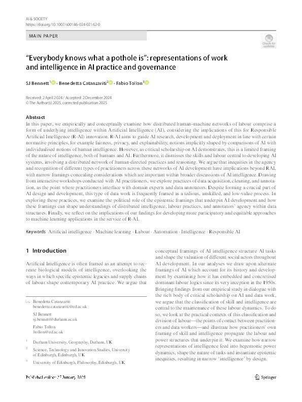 “Everybody knows what a pothole is”: representations of work and intelligence in AI practice and governance Thumbnail