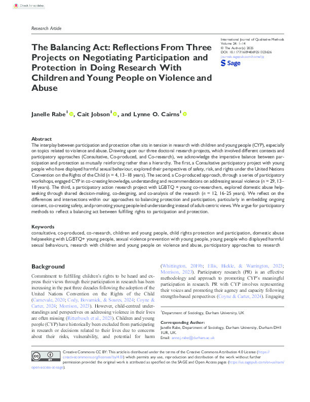 The Balancing Act: Reflections From Three Projects on Negotiating Participation and Protection in Doing Research With Children and Young People on Violence and Abuse Thumbnail