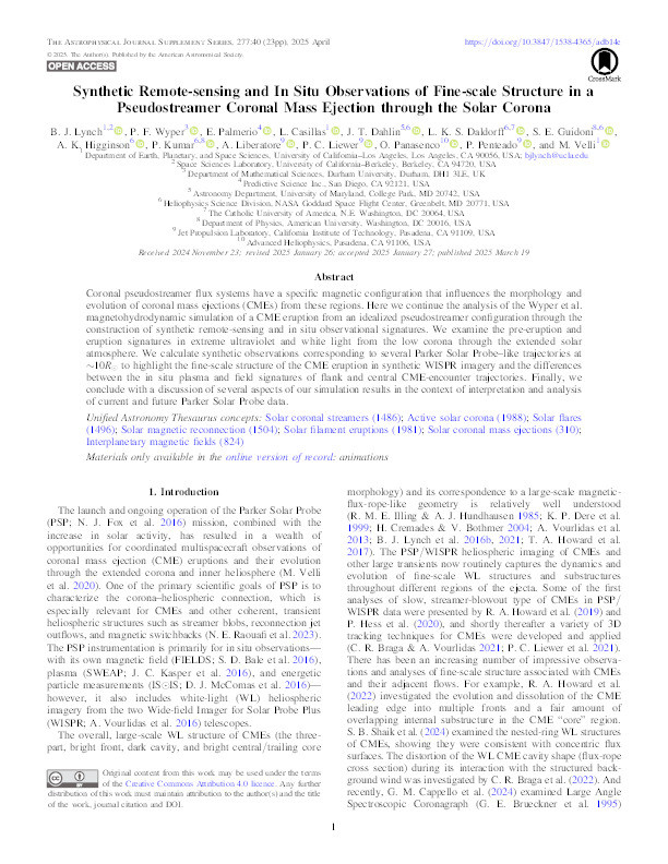 Synthetic Remote-sensing and In Situ Observations of Fine-scale Structure in a Pseudostreamer Coronal Mass Ejection through the Solar Corona Thumbnail