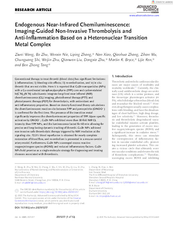 Endogenous Near‐Infrared Chemiluminescence: Imaging‐Guided Non‐Invasive Thrombolysis and Anti‐Inflammation Based on a Heteronuclear Transition Metal Complex Thumbnail