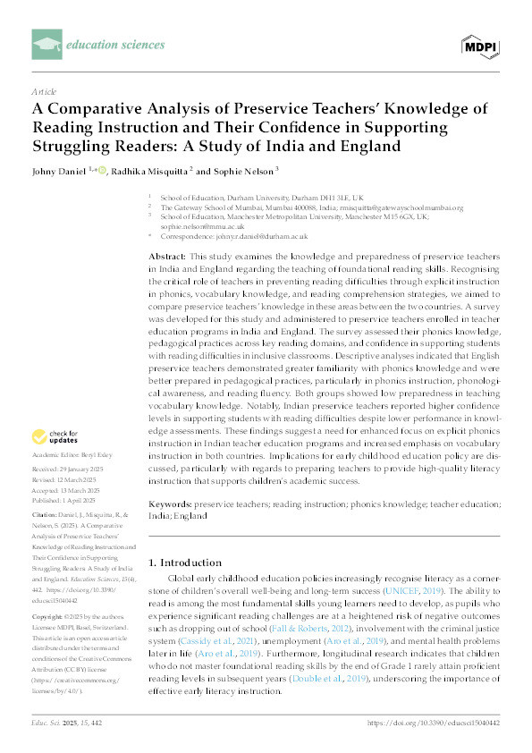 A Comparative Analysis of Preservice Teachers’ Knowledge of Reading Instruction and Their Confidence in Supporting Struggling Readers: A Study of India and England Thumbnail