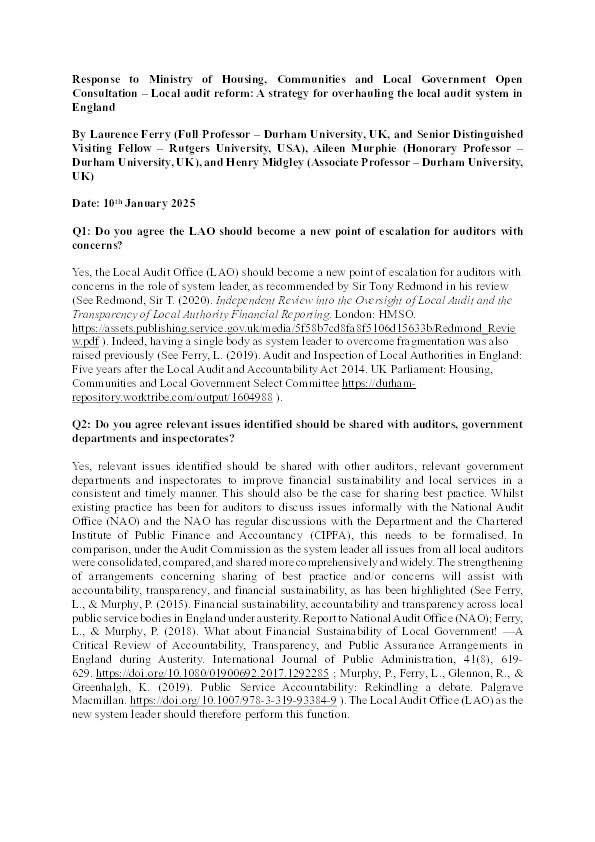 Response to Ministry of Housing, Communities and Local Government Open Consultation – Local audit reform: A strategy for overhauling the local audit system in England Thumbnail